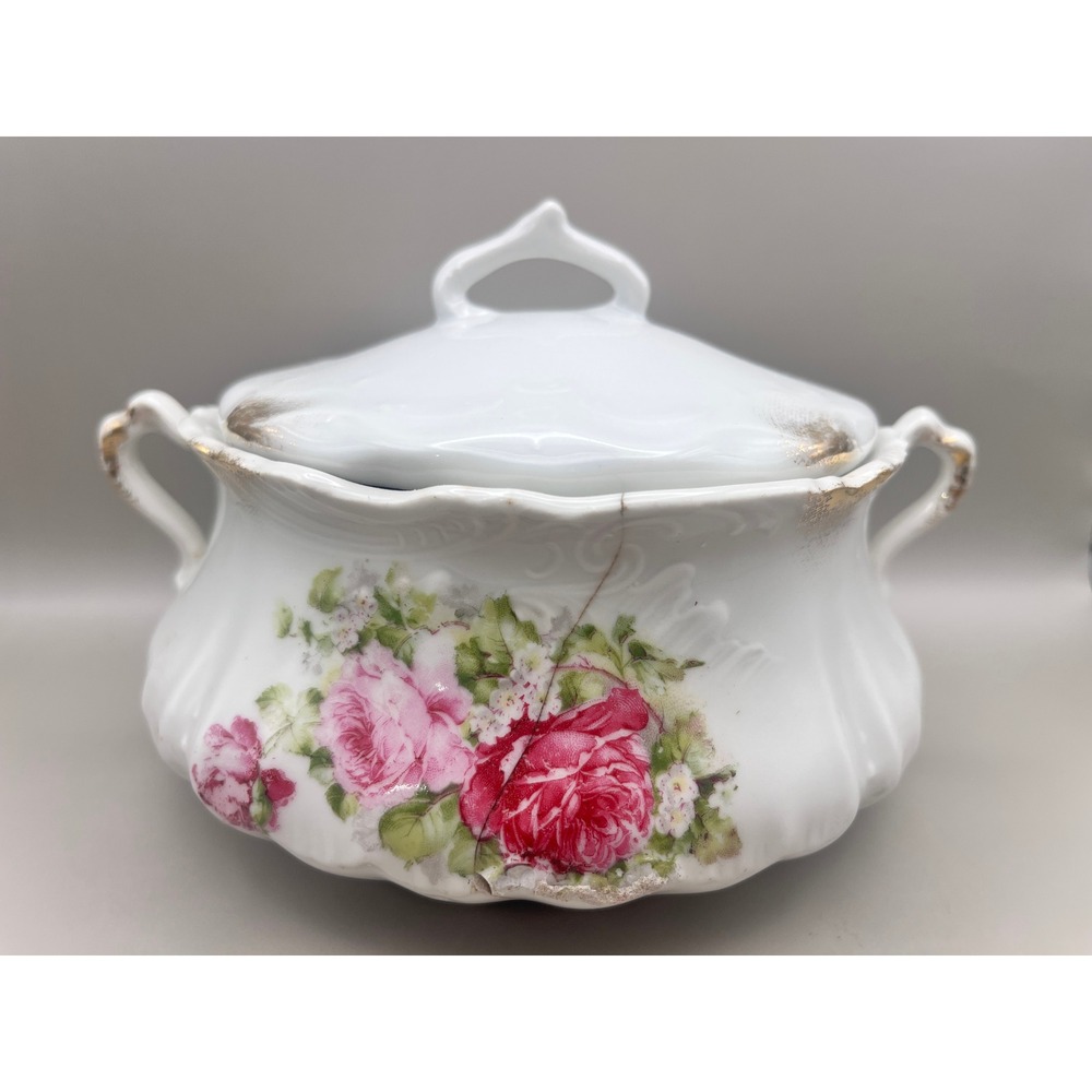 Antique Pink Rose Porcelain Lidded Tureen Bowl Victorian Floral Gold 5.5" AS IS